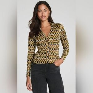 Zara Olive Green Multicolor Geometric Button-Down Shirt